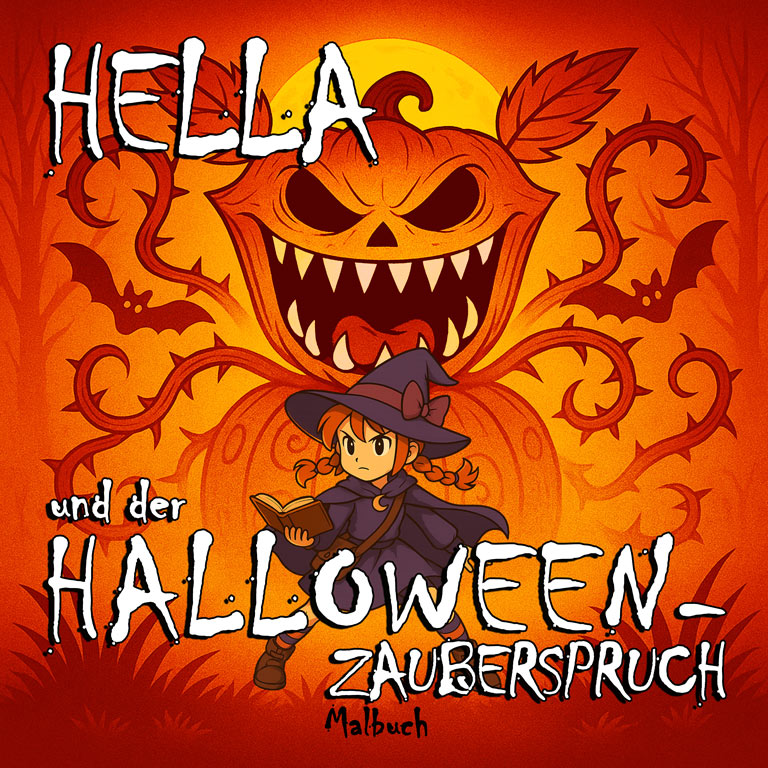 Halloween-Malbuch-Cover „Hella und der Halloween-Zauberspruch“ – junge Hexe mit Zauberbuch, Kürbiswächter dahinter.