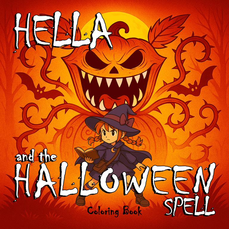 Cover of Halloween coloring book “Hella and the Halloween Spell” — young witch with spellbook, giant pumpkin warden behind.