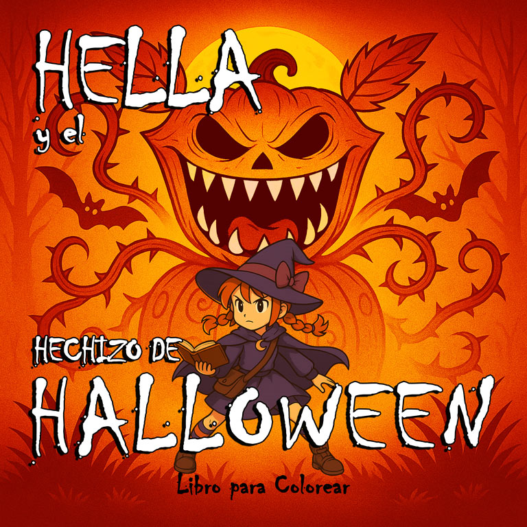 Portada del libro para colorear de Halloween «Hella y el hechizo de Halloween»: joven bruja con libro de conjuros, guardián calabaza al fondo.