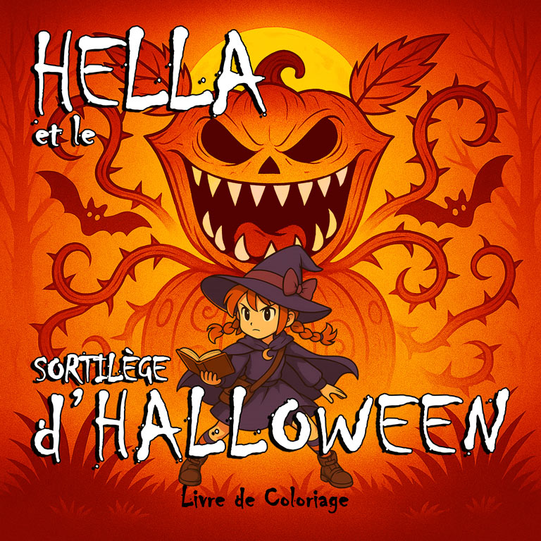 Couverture du livre de coloriage d’Halloween « Hella et le sortilège d’Halloween » — jeune sorcière, grimoire, gardien-citrouille.