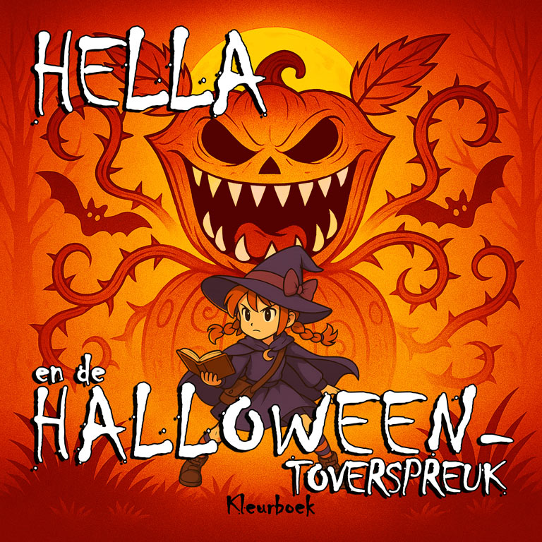 Halloween-kleurboekomslag ‘Hella en de Halloween-toverspreuk’ – jonge heks met spreukenboek, pompoenwachter.