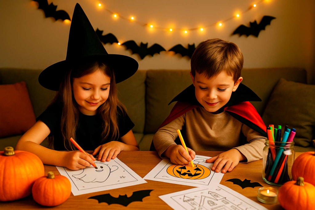 Trick or Treat themed coloring sheet with kids in costumes