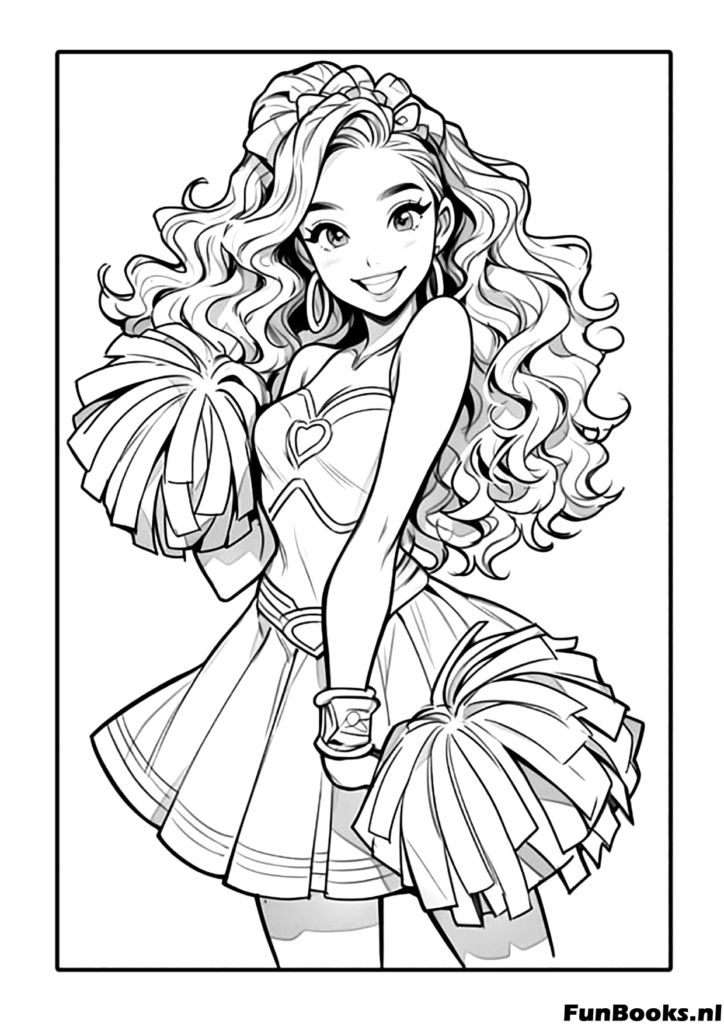 Alegre chica animadora de anime sosteniendo pompones en uniforme dibujo para colorear