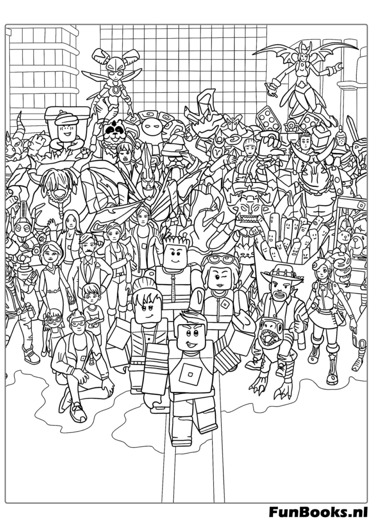 Une armée massive ou foule de nombreux personnages Roblox différents courant vers l'avant coloriage