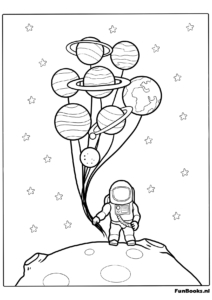 Astronaute debout sur la lune tenant des ballons planètes coloriage