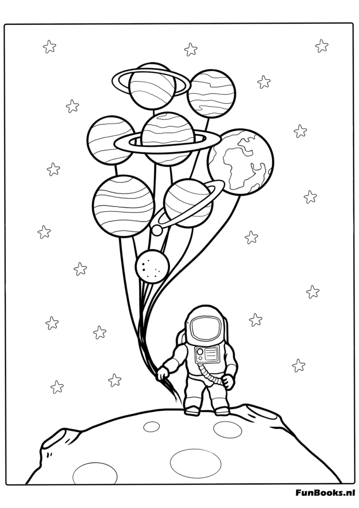 Astronaute debout sur la lune tenant des ballons planètes coloriage
