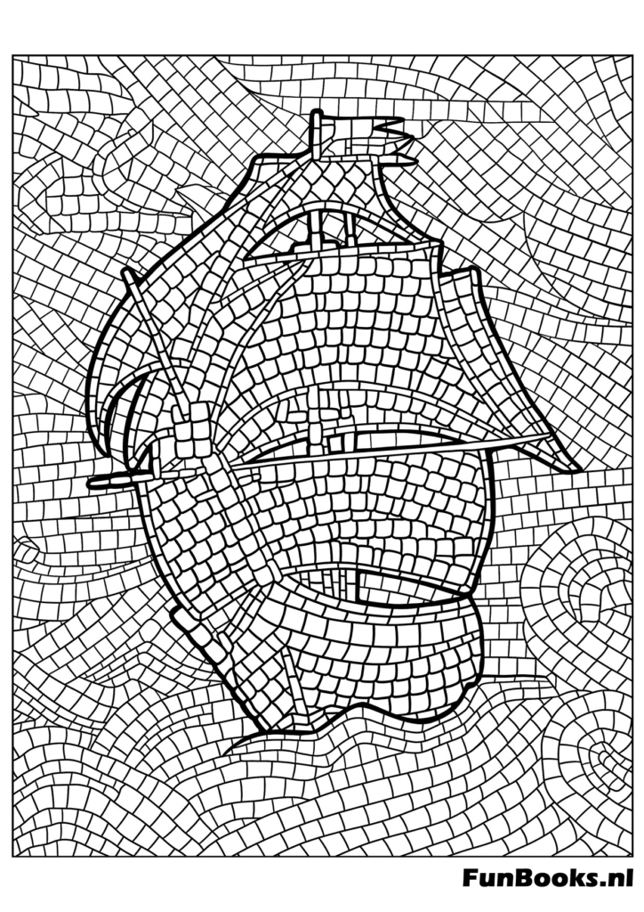 Viejo barco velero en el océano creado con azulejos de mosaico dibujo para colorear