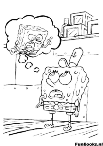 Bob Esponja de pie y pensando con una burbuja de pensamiento mostrando una versión enojada de sí mismo dibujo para colorear