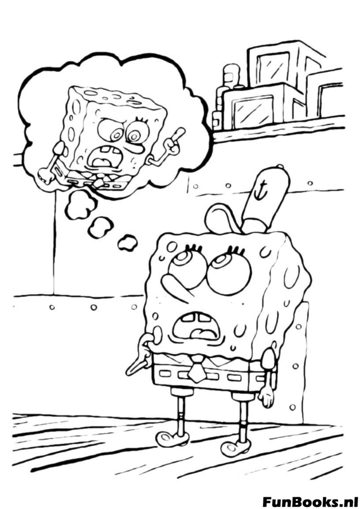 Bob Esponja de pie y pensando con una burbuja de pensamiento mostrando una versión enojada de sí mismo dibujo para colorear