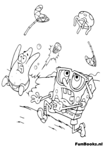 Bob Esponja y Patricio Estrella corriendo en pánico o emoción de un grupo de medusas que los persiguen dibujo para colorear
