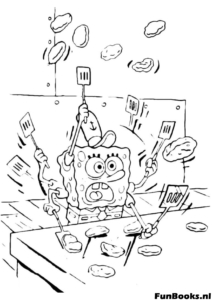 Bob l'éponge retournant plusieurs pâtés de crabe sur le grill dans la cuisine du Crabe Croustillant ressemblant à un chef pro coloriage