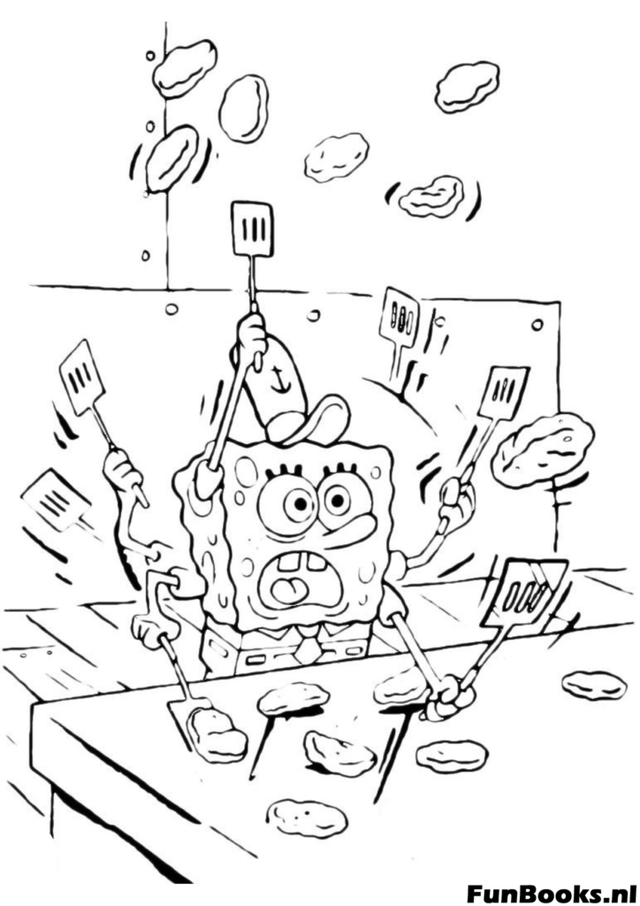 Bob l'éponge retournant plusieurs pâtés de crabe sur le grill dans la cuisine du Crabe Croustillant ressemblant à un chef pro coloriage