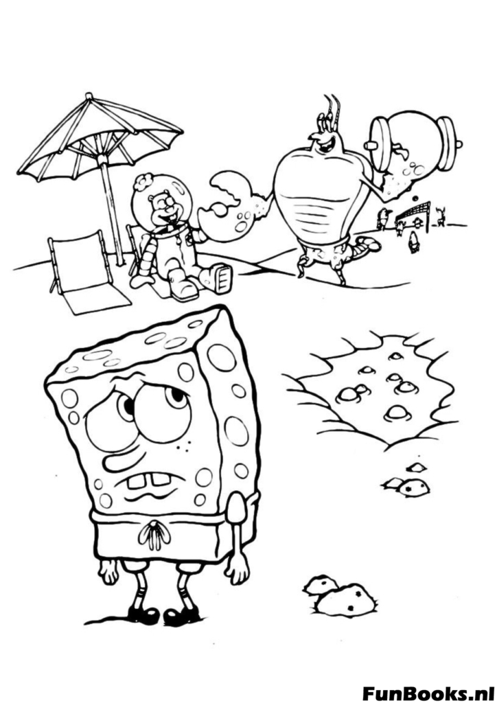 Bob l'éponge et Patrick se relaxant à la plage de Goo Lagoon avec un parasol et des poissons musclés en arrière-plan coloriage