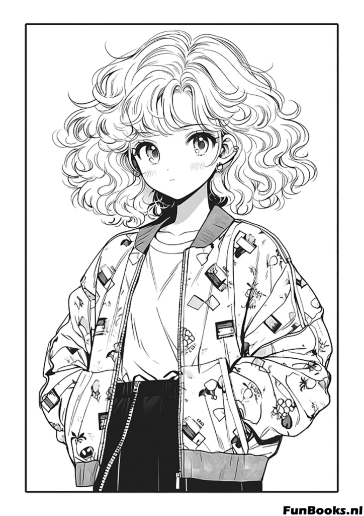 Chica anime a la moda vistiendo una chaqueta bomber detallada con parches dibujo para colorear