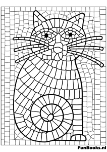 Mignon chat assis le dos tourné regardant en arrière mosaïque géométrique coloriage