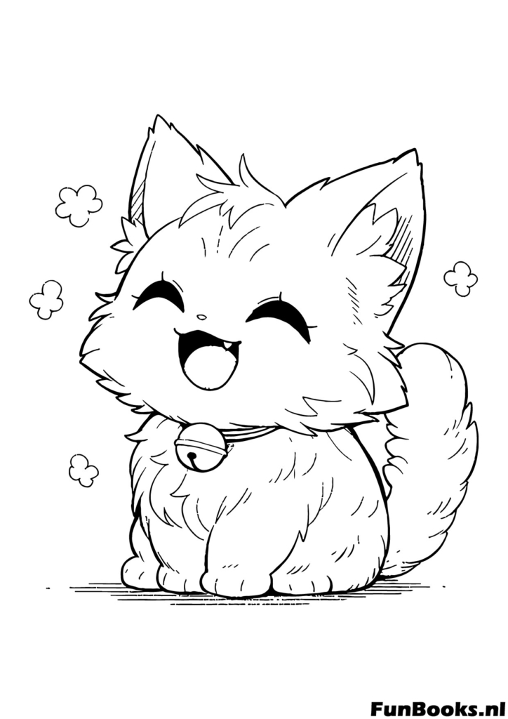 Heureux chaton duveteux assis et souriant style anime coloriage