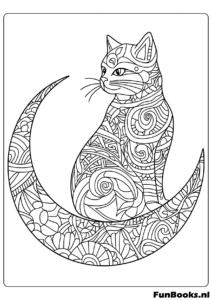 Chat assis sur un croissant de lune avec ornements coloriage
