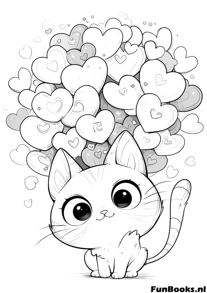 Heureux chat anime tenant un bouquet de ballons en forme de cœur coloriage