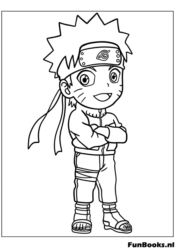 Chibi Naruto de pie con los brazos cruzados luciendo genial kawaii dibujo para colorear