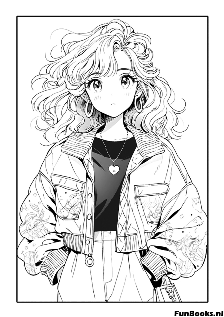 Bonita chica anime vistiendo una chaqueta y un collar con colgante de corazón dibujo para colorear