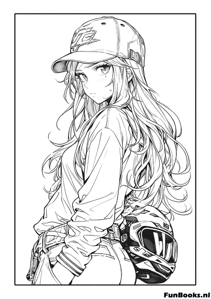 Chica anime genial vistiendo una gorra de béisbol y moda callejera dibujo para colorear