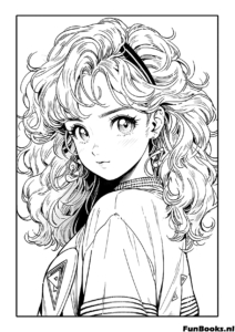 Retrato altamente detallado de una chica anime con cabello rizado suelto dibujo para colorear