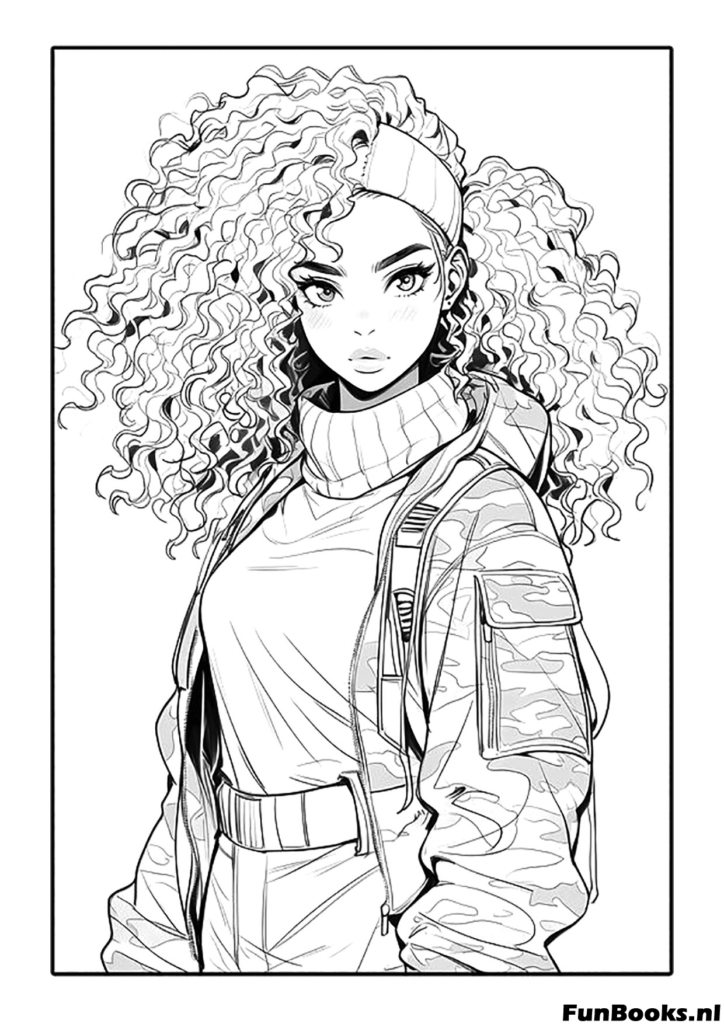 Chica genial con cabello rizado voluminoso y chaqueta bomber estilo urbano dibujo para colorear