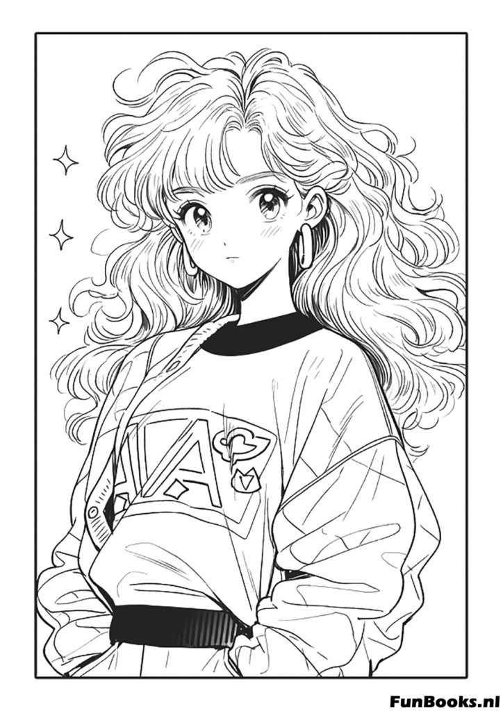 Linda chica anime vistiendo un cómodo suéter demasiado grande sonriendo dibujo para colorear