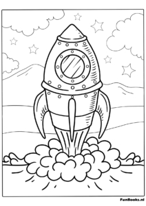 Lindo cohete de dibujos animados despegando hacia el espacio dibujo para colorear