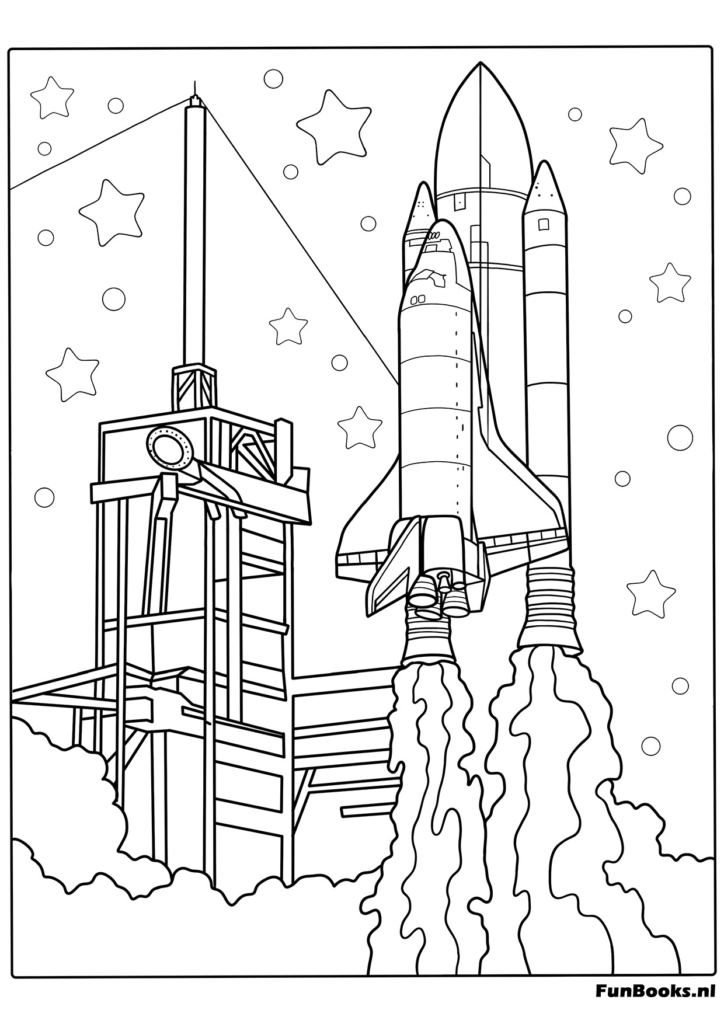 Gran cohete unido a la torre de lanzamiento listo para despegar dibujo para colorear
