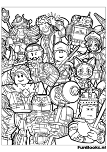 Un póster detallado mostrando muchas skins y objetos diferentes de Roblox dibujo para colorear