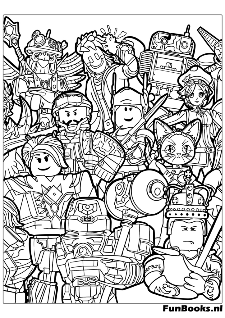 Un póster detallado mostrando muchas skins y objetos diferentes de Roblox dibujo para colorear