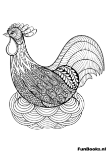 Coq poulet avec plumes détaillées feuille de coloriage