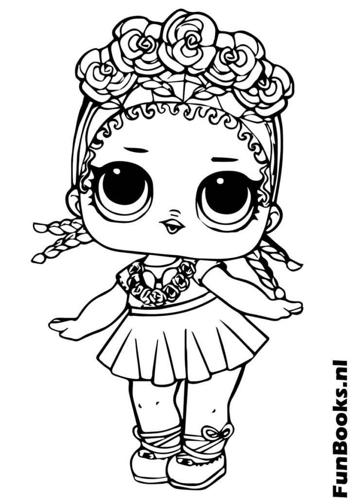 Hermosa muñeca LOL vistiendo una corona de flores en su cabeza dibujo para colorear