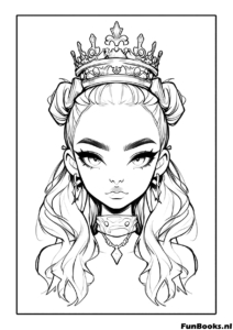 Belle princesse anime portant une couronne royale et des cheveux élégants coloriage