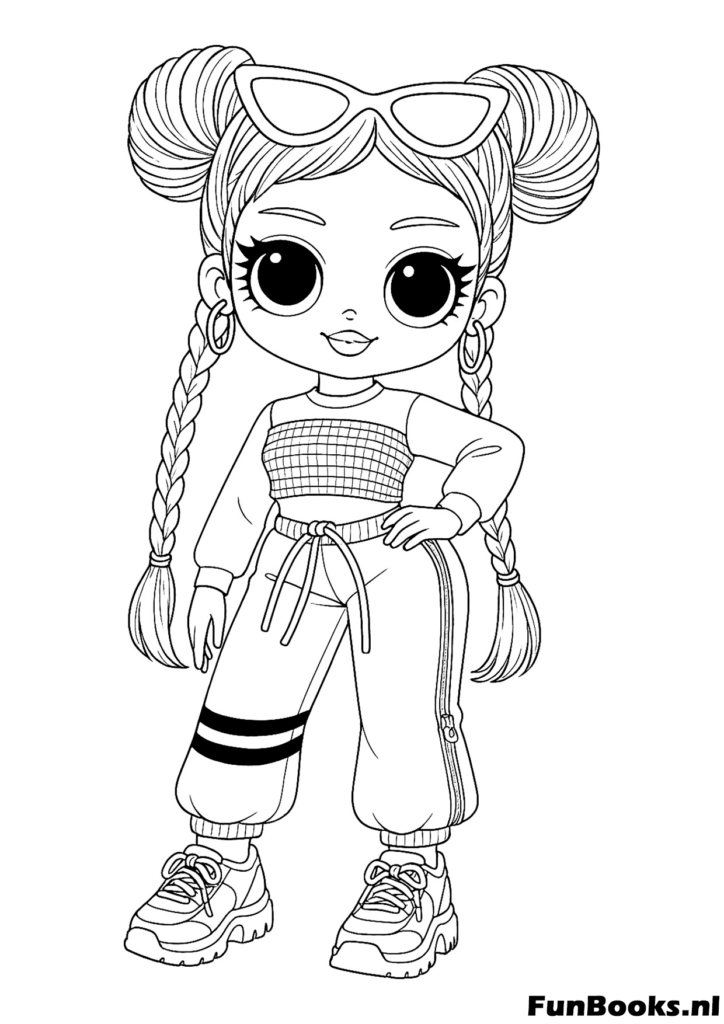 Muñeca LOL deportiva con trenzas largas vistiendo pantalones deportivos dibujo para colorear