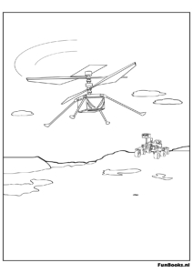 Drone spatial ou hélicoptère volant au-dessus de la surface planétaire coloriage