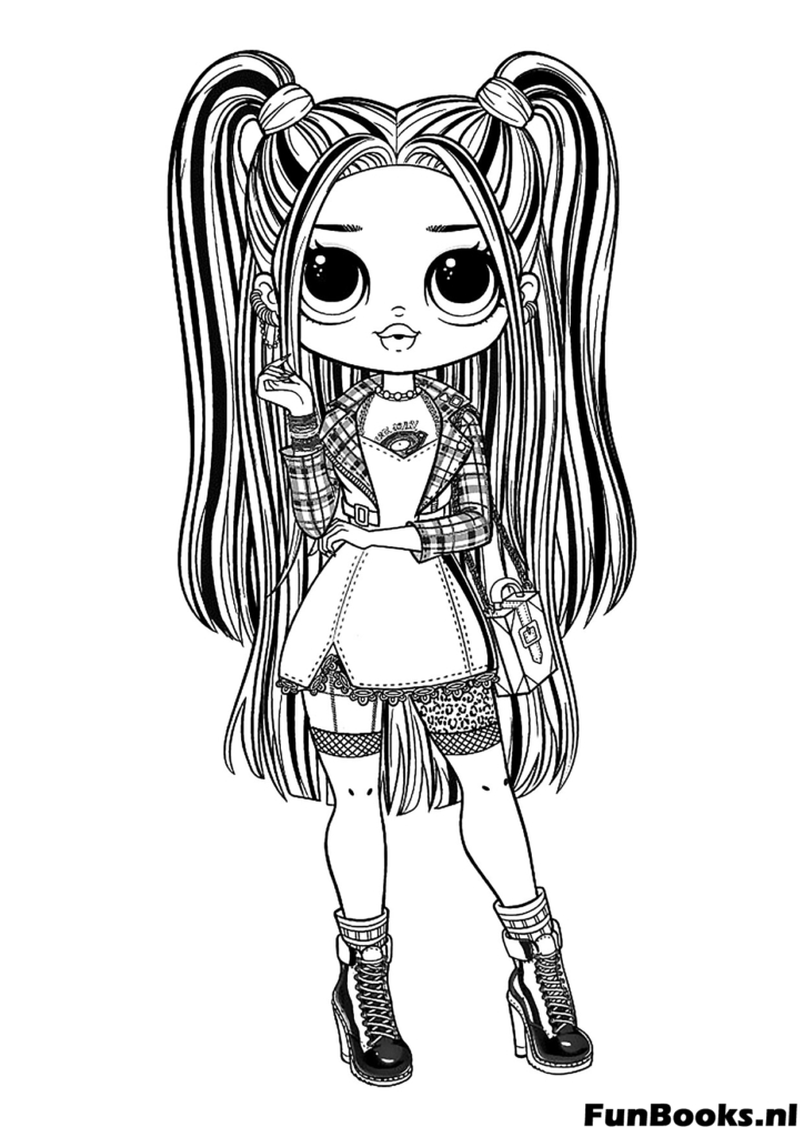 Mignonne poupée LOL avec longues couettes portant une tenue d'école coloriage