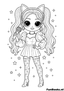 Estrella pop muñeca LOL cantando con un micrófono y atuendo brillante dibujo para colorear