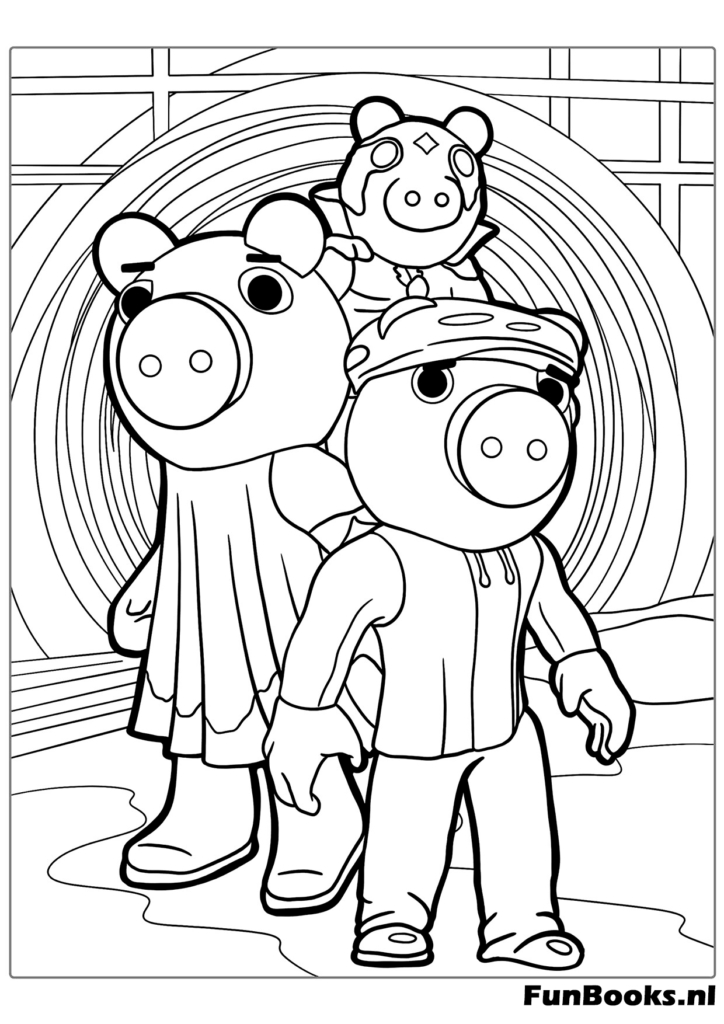 Personnages du jeu Roblox Piggy debout ensemble ayant l'air effrayants coloriage