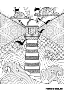 Faro de pie alto entre olas de océano estilizadas paisaje zentangle dibujo para colorear