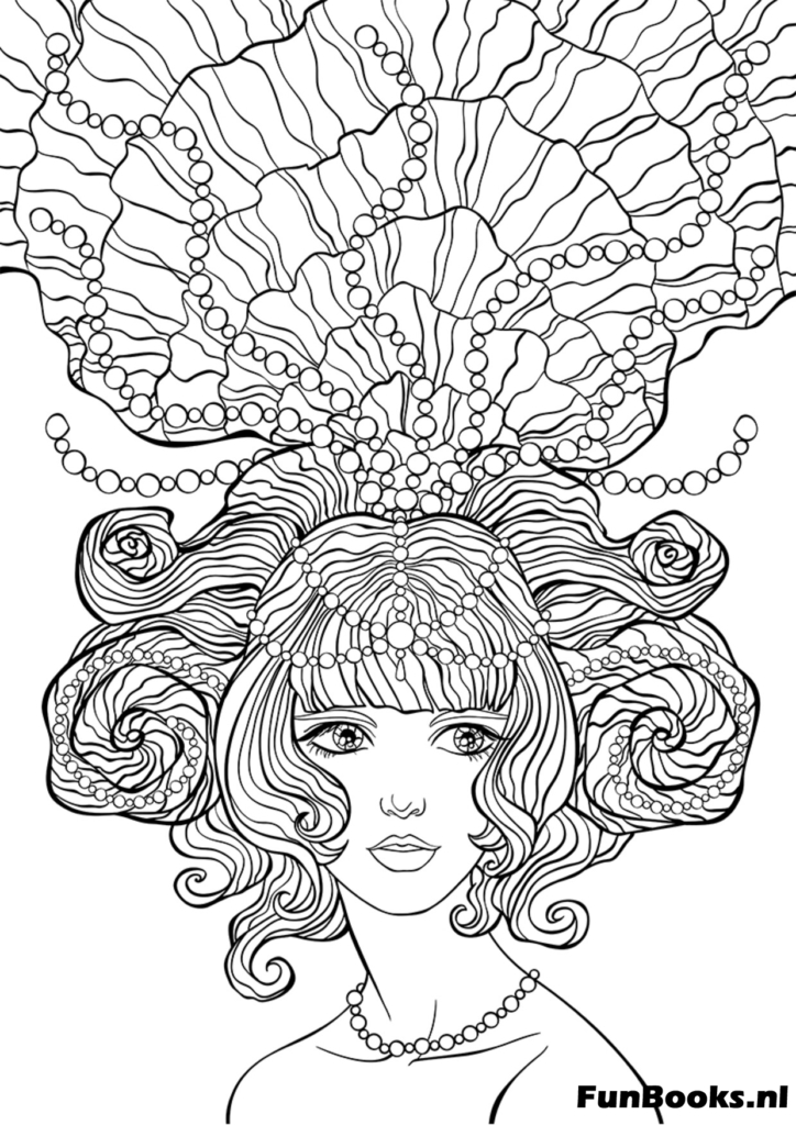 Femme aux cheveux bouclés volumineux remplis de motifs de gribouillage art thérapie coloriage