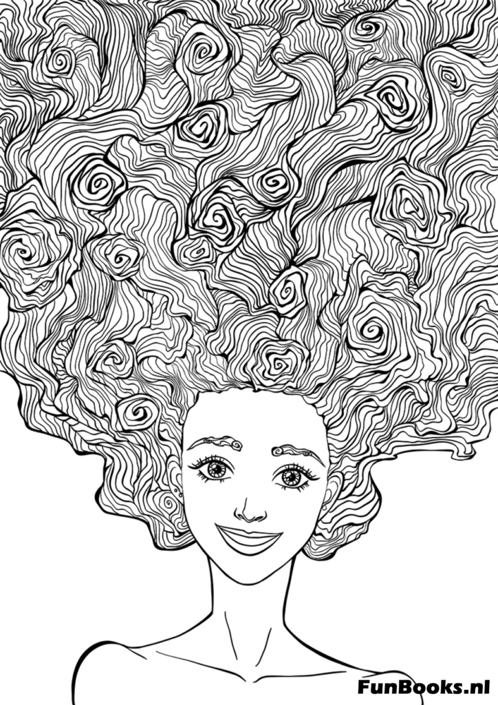 Femme aux mèches de cheveux épaisses et sauvages remplies de motifs soulagement du stress coloriage