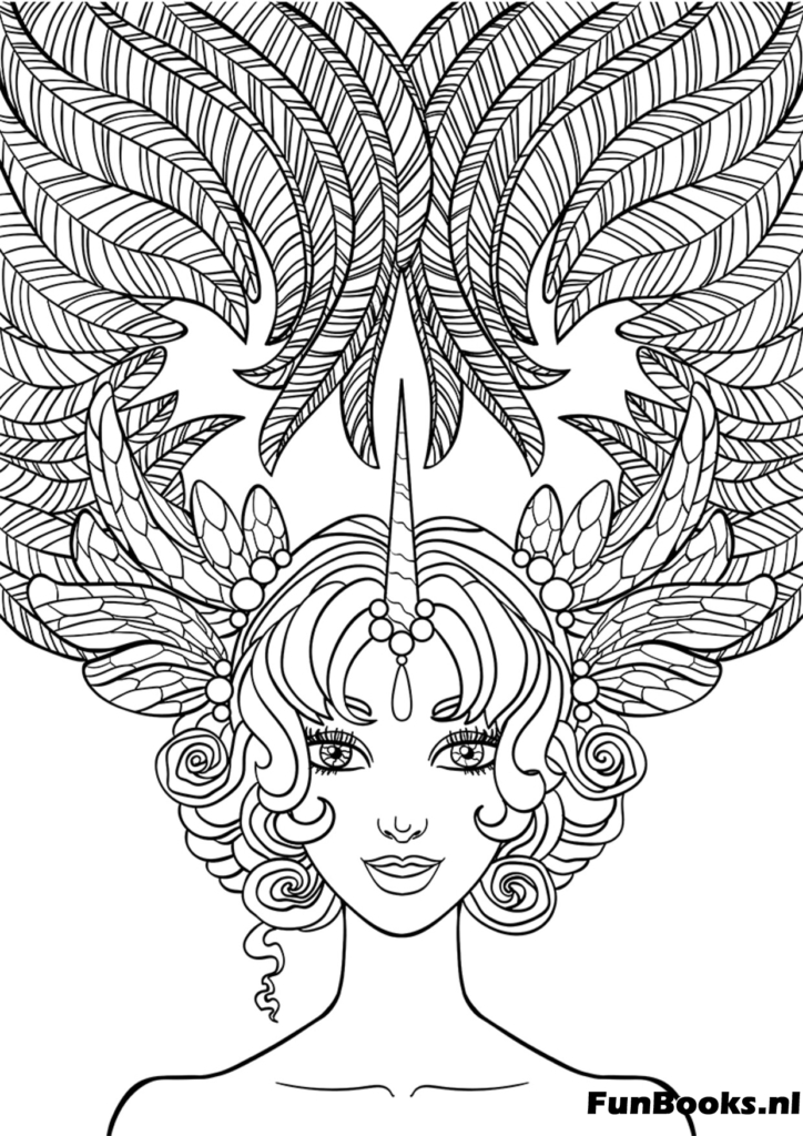 Femme avec une chevelure élaborée ressemblant à des plumes de paon art thérapie détaillée coloriage