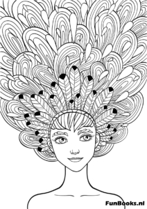 Portrait de femme avec des cheveux faits de feuilles et d'éléments de la nature zentangle coloriage