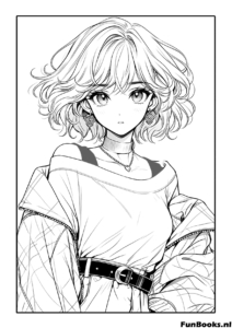 Fille anime avec de mignons cheveux en bataille portant un pull à épaules dénudées coloriage