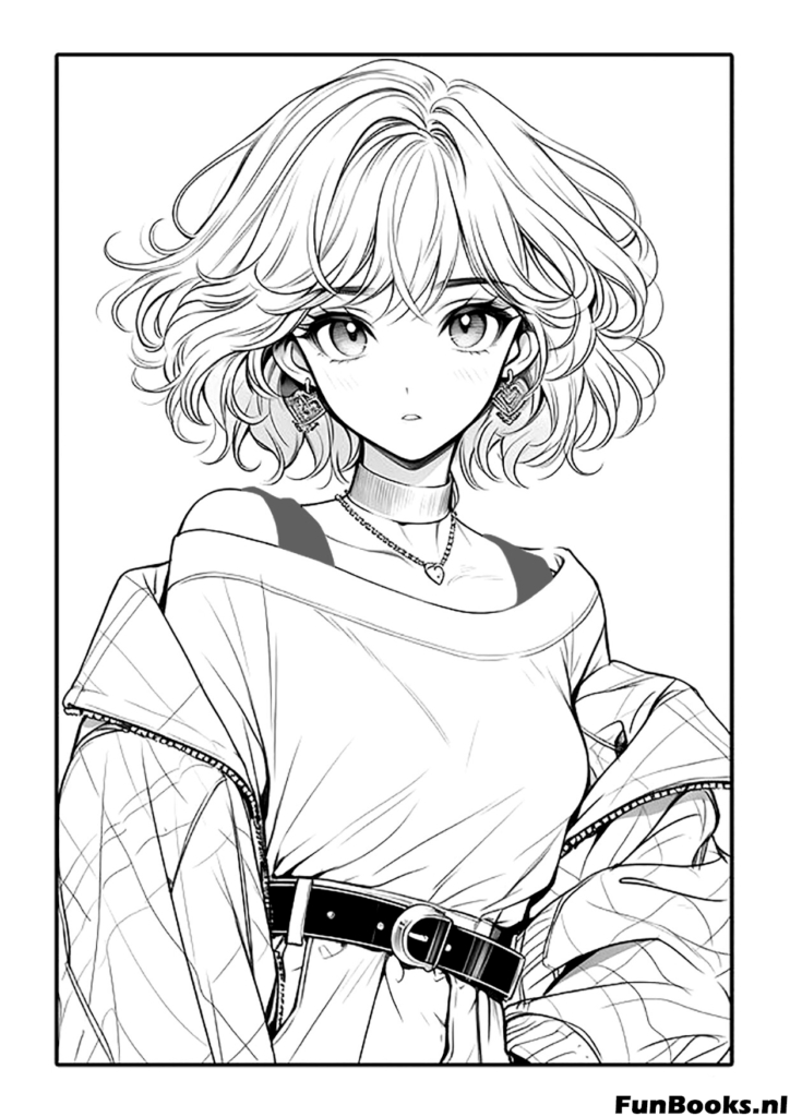 Fille anime avec de mignons cheveux en bataille portant un pull à épaules dénudées coloriage
