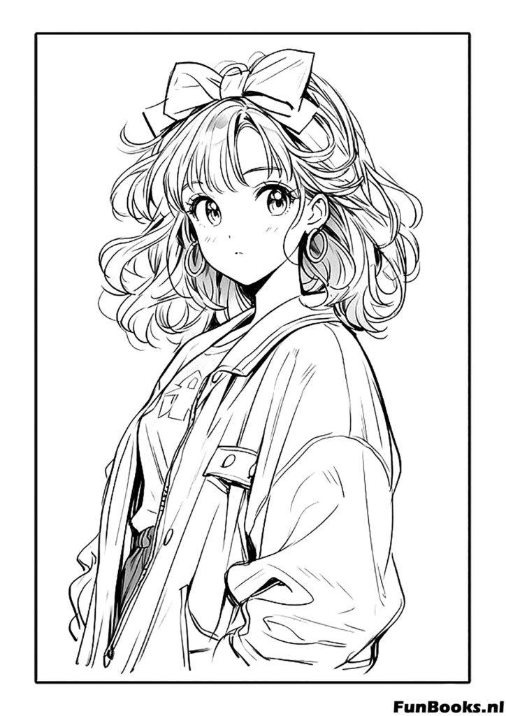 Mignonne fille avec un grand nœud ruban dans ses cheveux bouclés mode coloriage