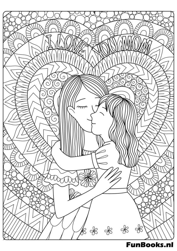 Scène touchante d'une fille faisant un câlin à un cheval dans un cadre en forme de cœur coloriage