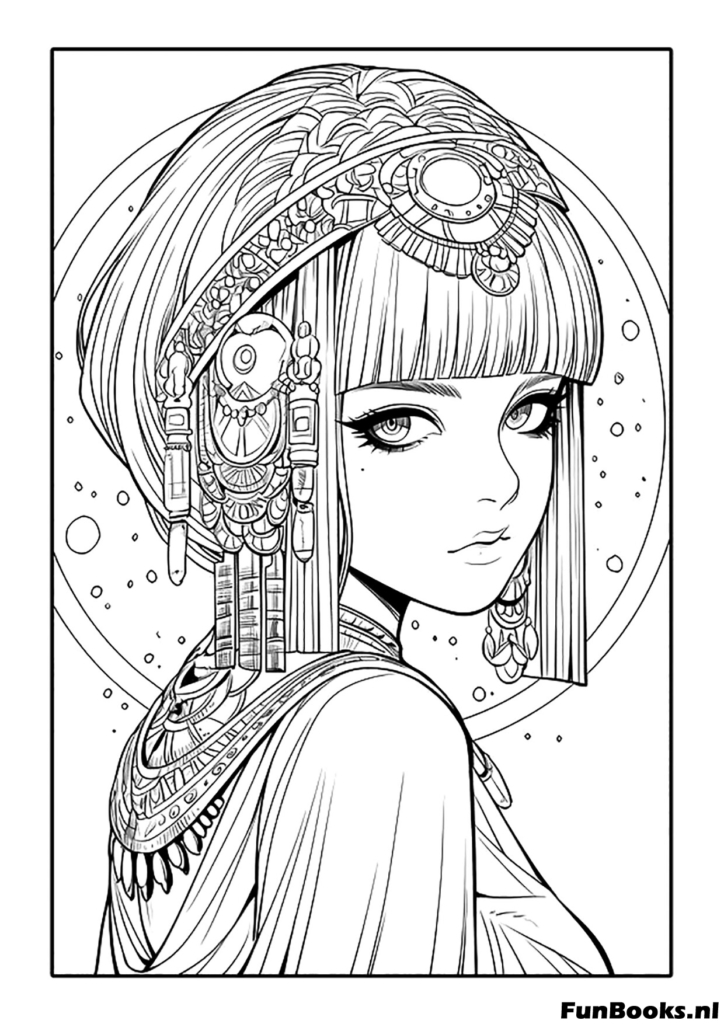 Fille anime fantaisie portant une coiffe complexe et des bijoux coloriage détaillé